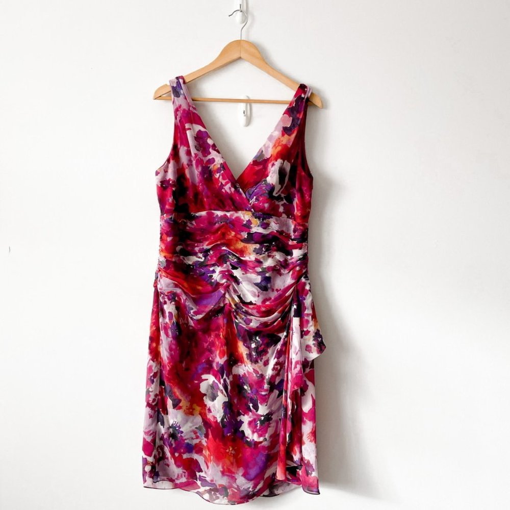 Ralph Lauren 100% Silk Floral  V Neck Ruched Midi Dress Sz Plus 16